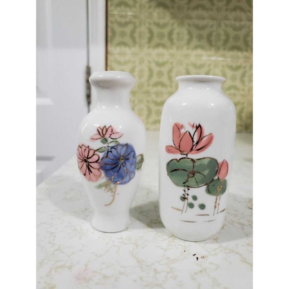 Vintage Bud Vases Set of 2 Floral Design White Porcelain 4" Tall